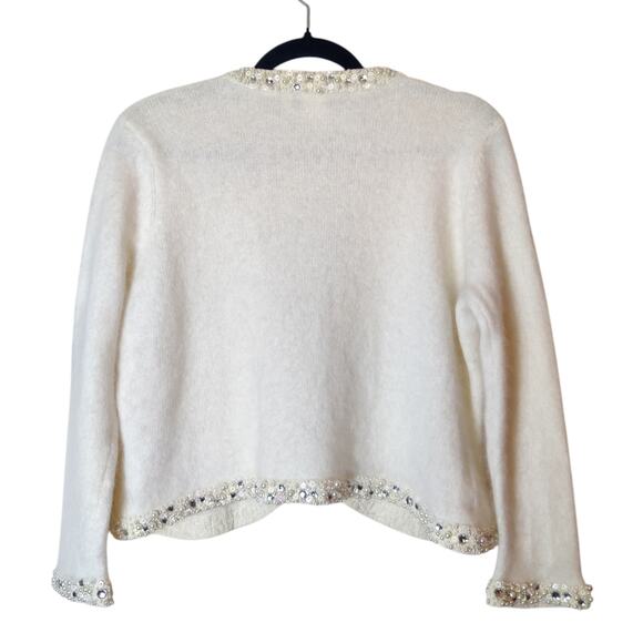 Vtg Susan Bristol Cream Angora Hair Jeweled Preppy Cardigan Sweater Old Money XL - Picture 2 of 12